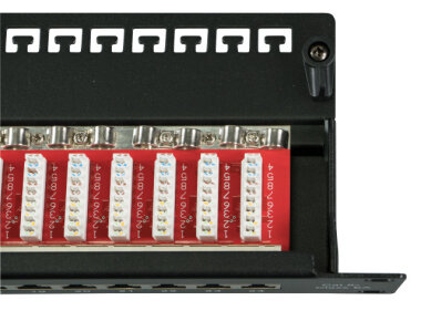 19 inch patch panel 24 x RJ45 CAT.6A, STP, 10Gbit, 1U, RAL9005, black