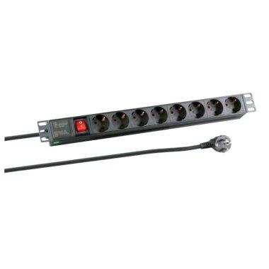19 inch 1U socket strip 8 x CEE 7/3 with switch, in ALU profile, black