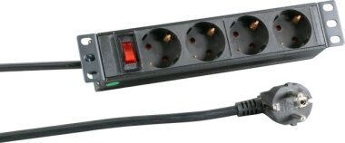 10 inch 1U socket strip 4 x CEE 7/3 with switch, in ALU profile, black